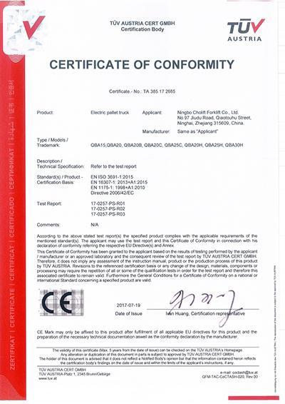 Certification TÜV pour les transpalettes